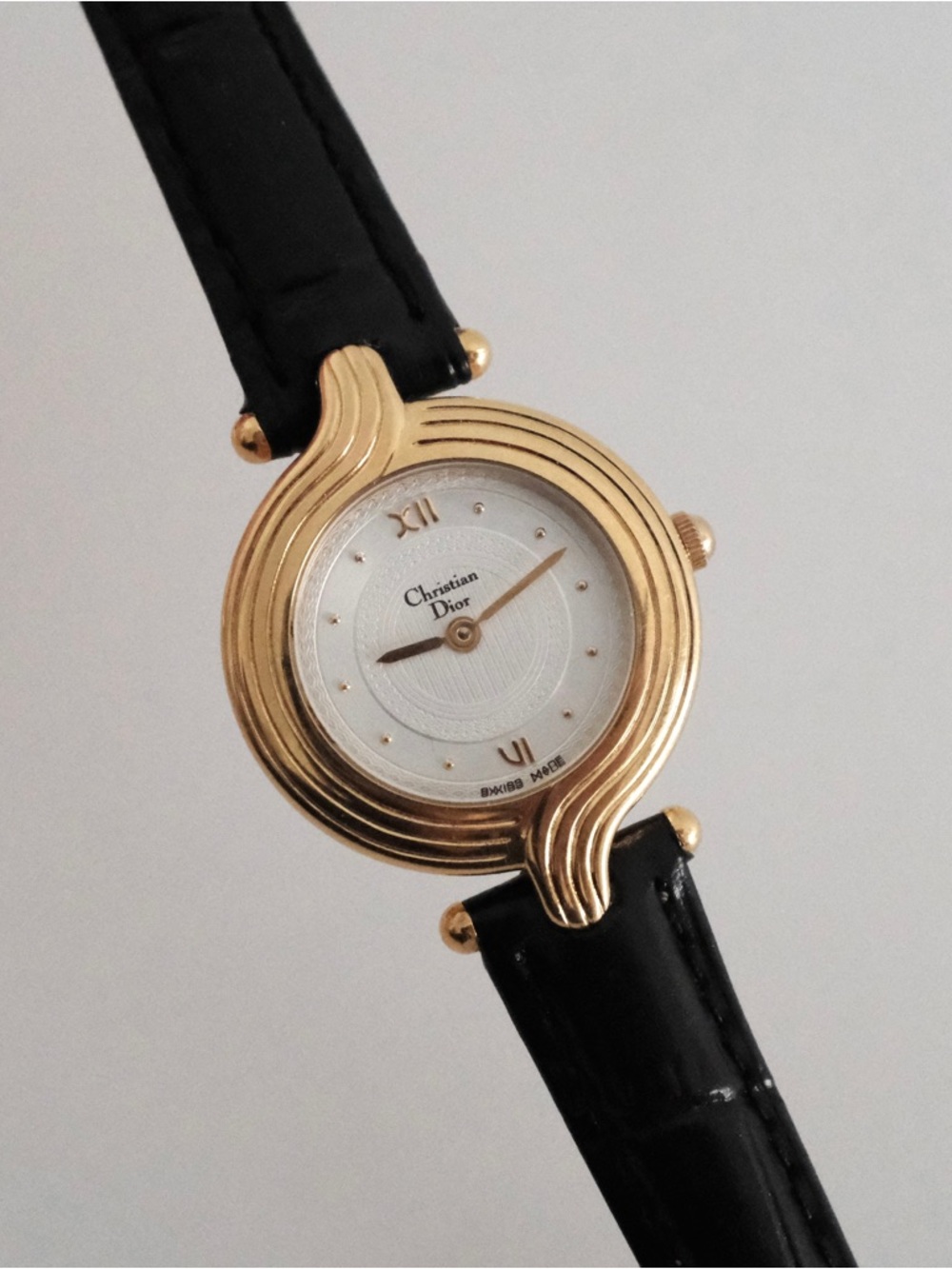 Vintage Christian Dior Gold-Tone Round Watch with Black Leather Strap